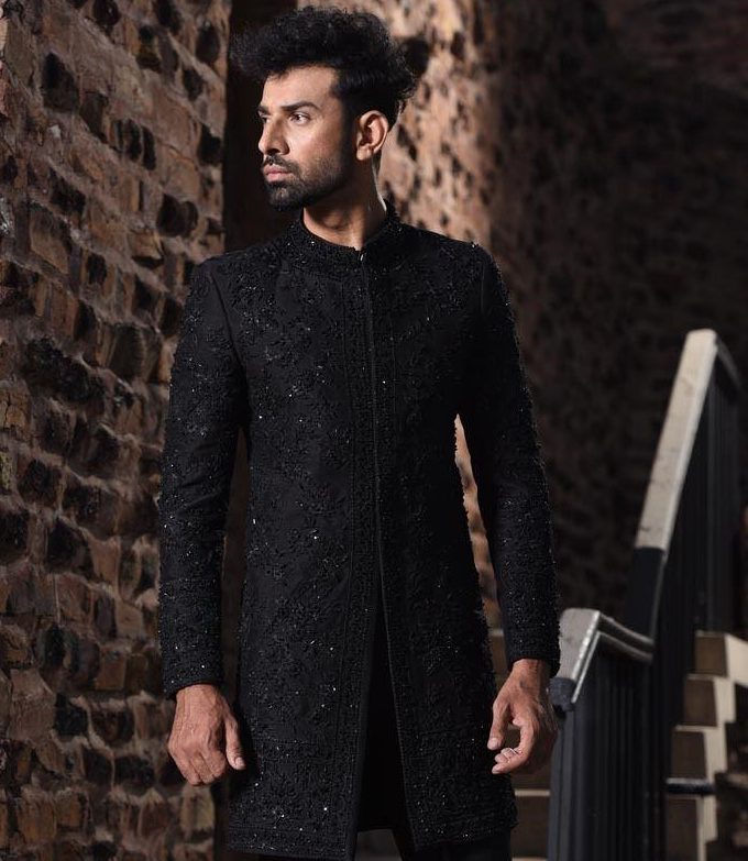 Black Raw Silk Sherwani