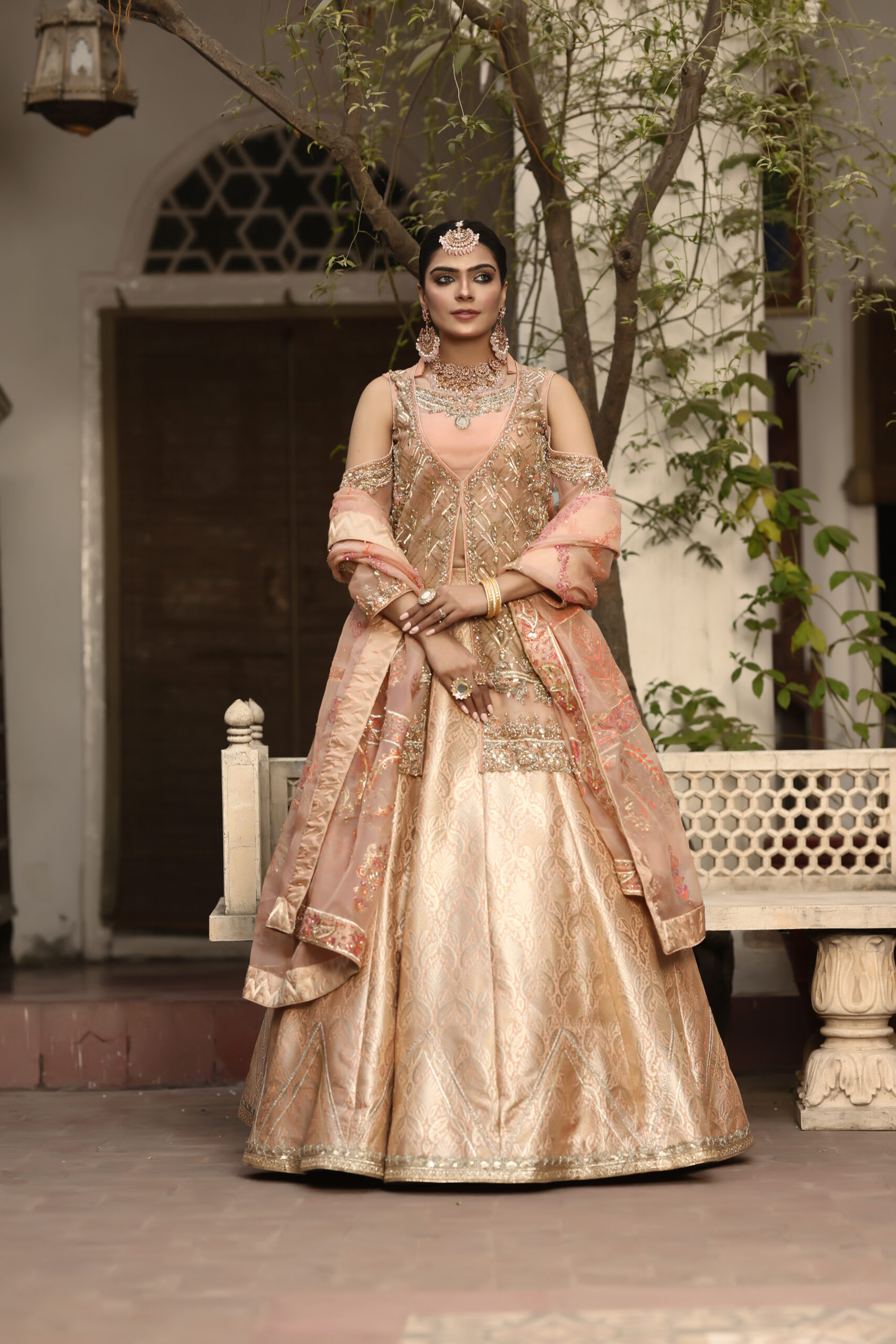 Blush Gold Radiance – Embellished Cold-Shoulder Bridal Set in Jamawar and Net
