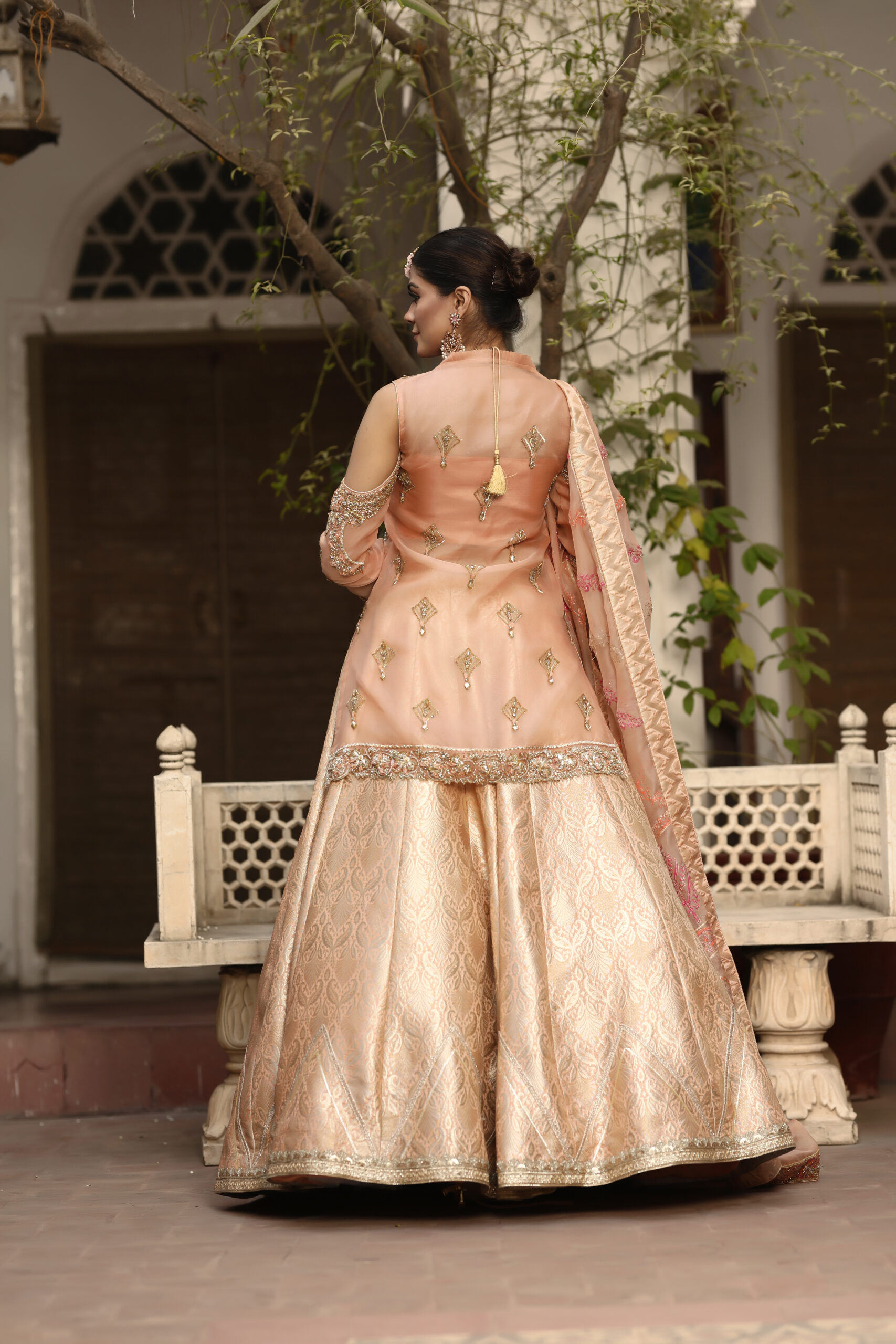 Blush Gold Radiance – Embellished Cold-Shoulder Bridal Set in Jamawar and Net view 7
