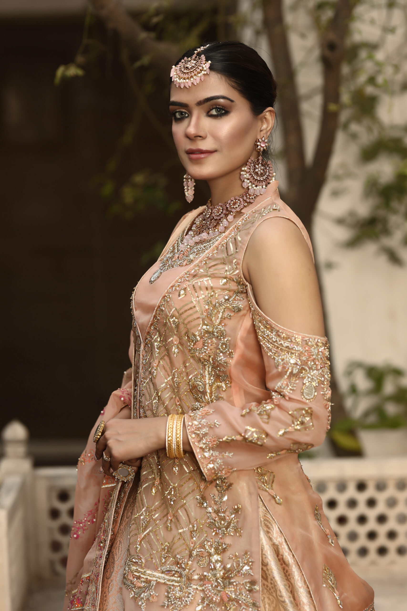Blush Gold Radiance – Embellished Cold-Shoulder Bridal Set in Jamawar and Net view 5