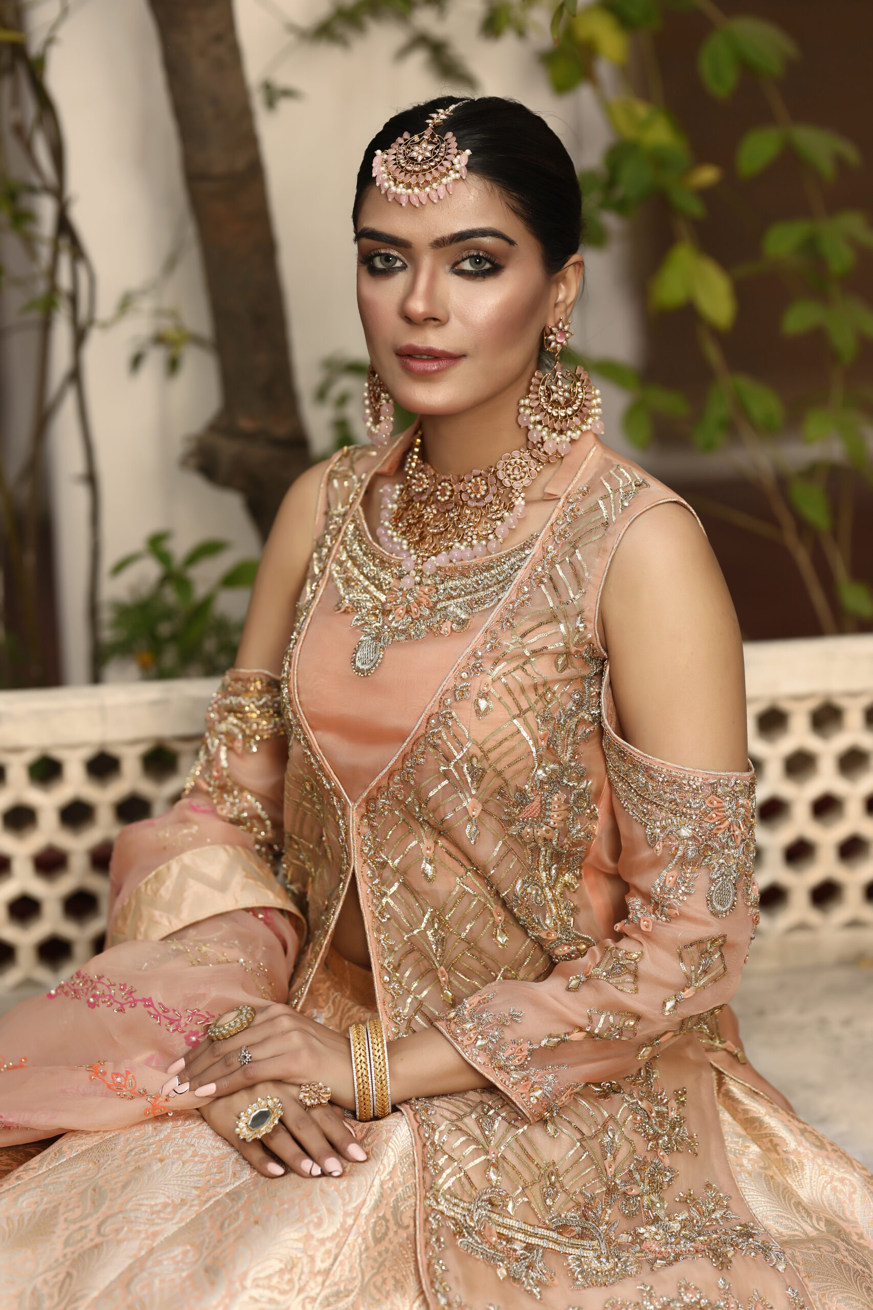 Blush Gold Radiance – Embellished Cold-Shoulder Bridal Set in Jamawar and Net view 4