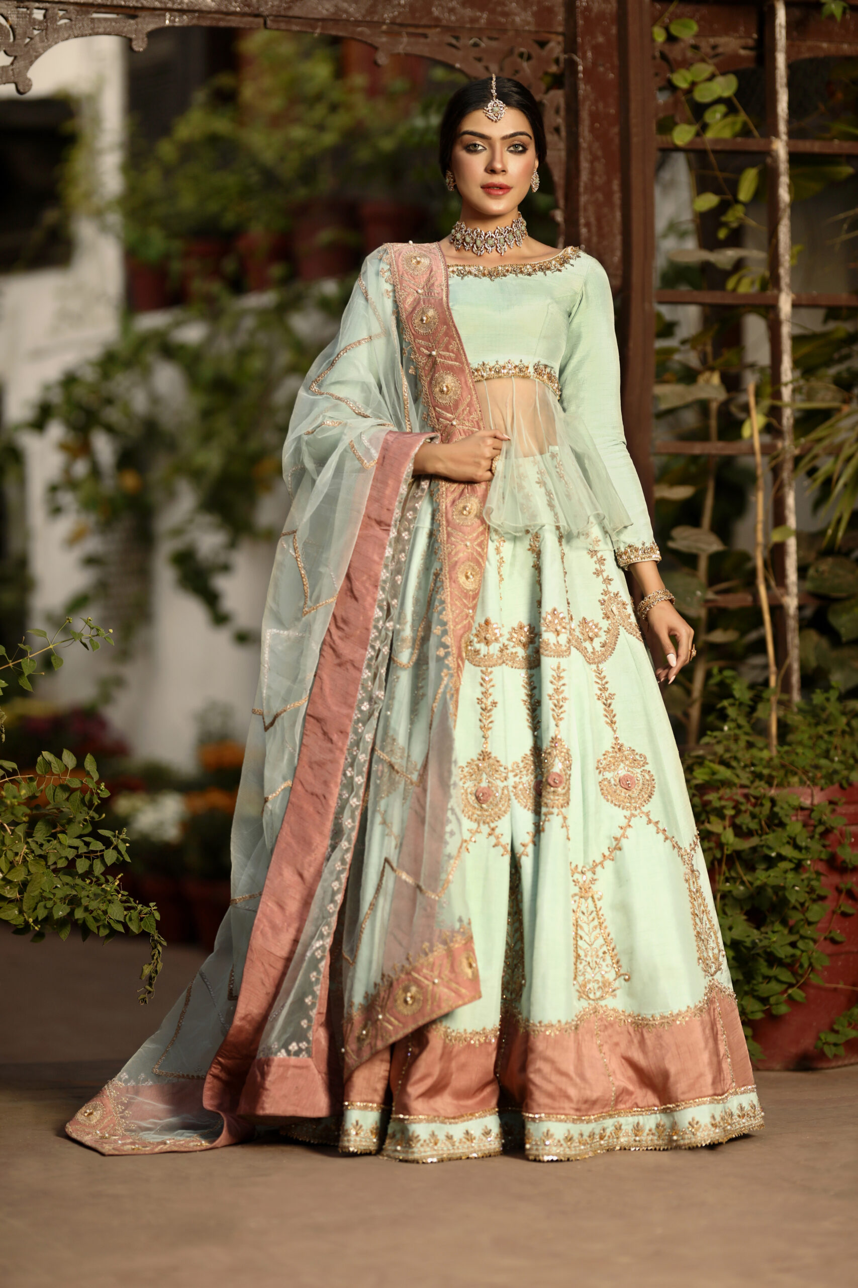 Celestial Mist – Mint & Rose Gold Embellished Lehenga Set in Organza and Silk view 9