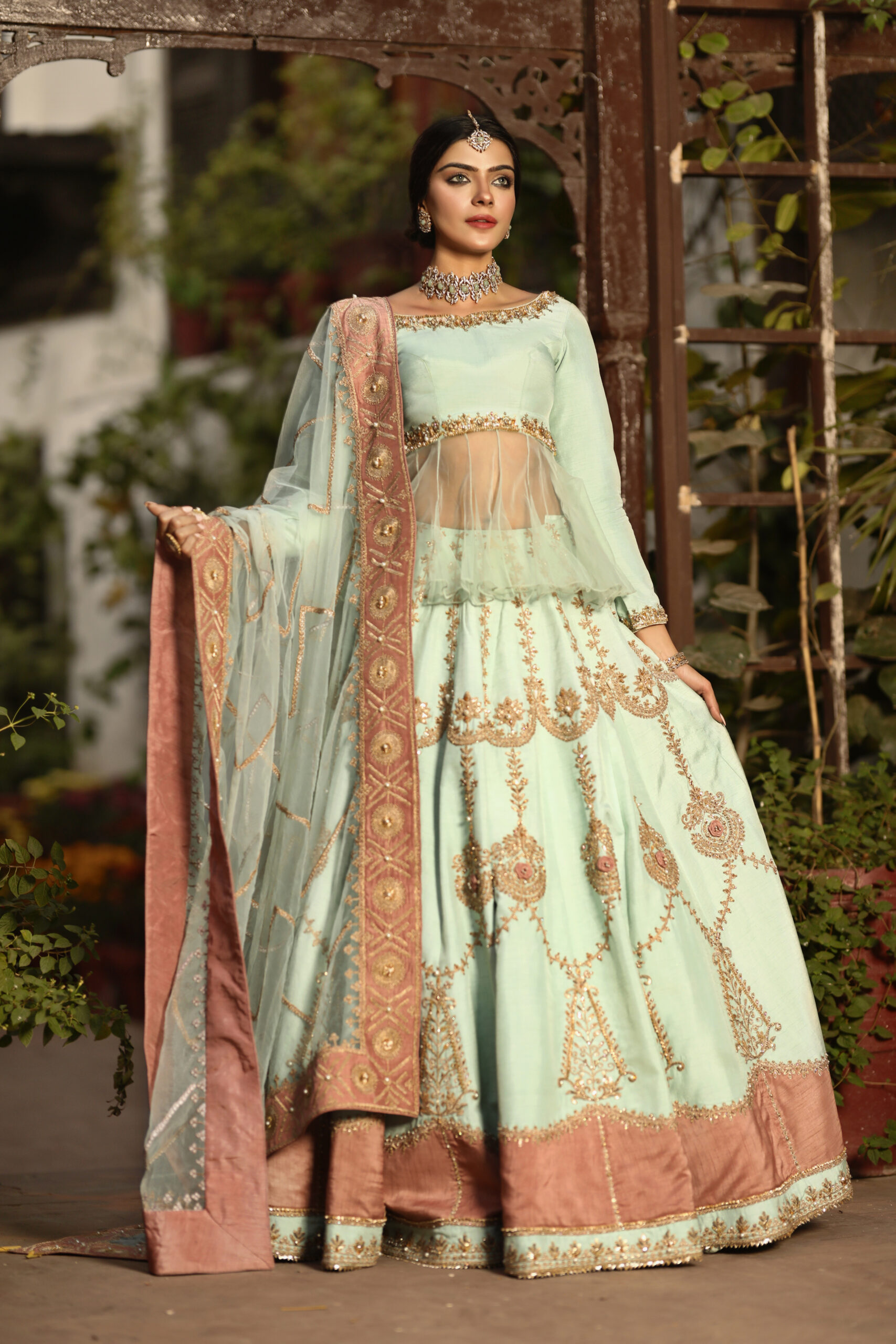 Celestial Mist – Mint & Rose Gold Embellished Lehenga Set in Organza and Silk