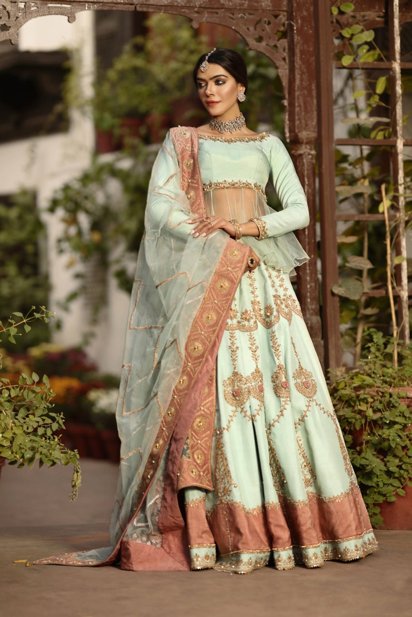 Celestial Mist – Mint & Rose Gold Embellished Lehenga Set in Organza and Silk view 8