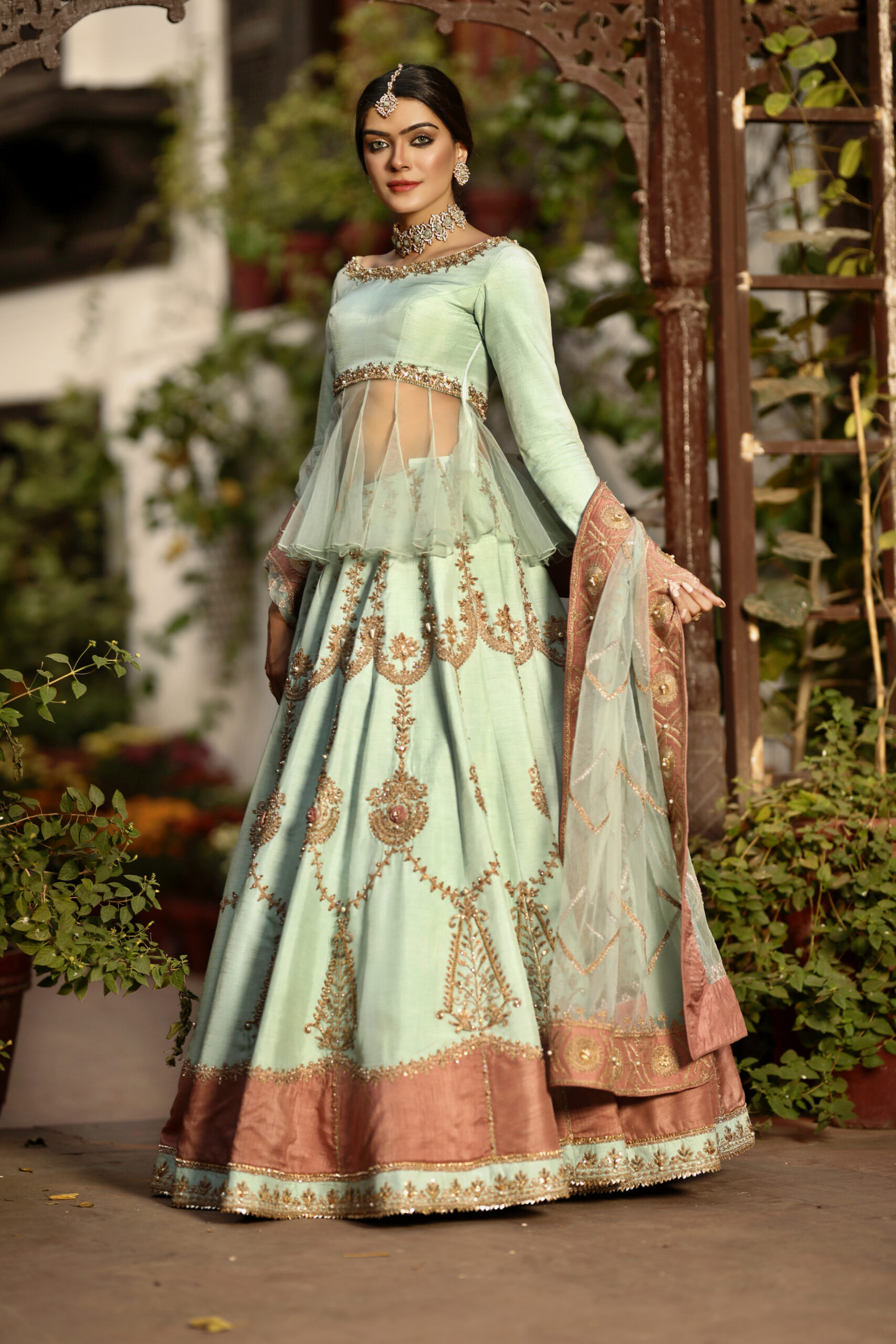 Celestial Mist – Mint & Rose Gold Embellished Lehenga Set in Organza and Silk view 7