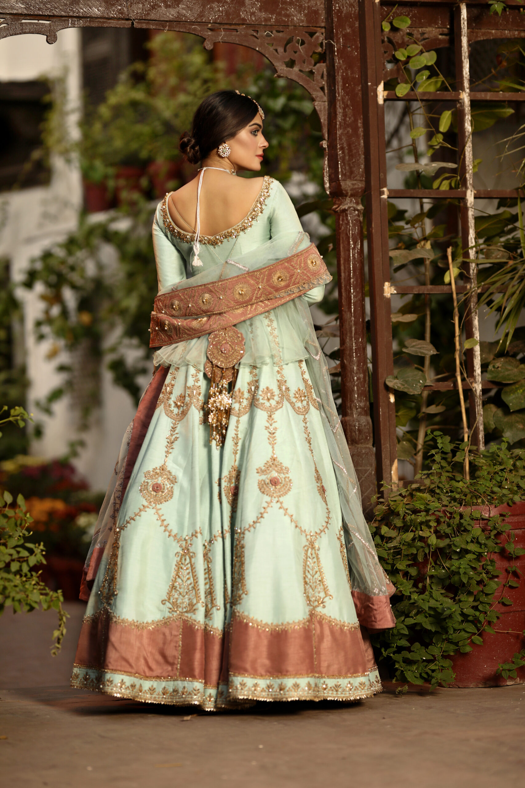 Celestial Mist – Mint & Rose Gold Embellished Lehenga Set in Organza and Silk view 6