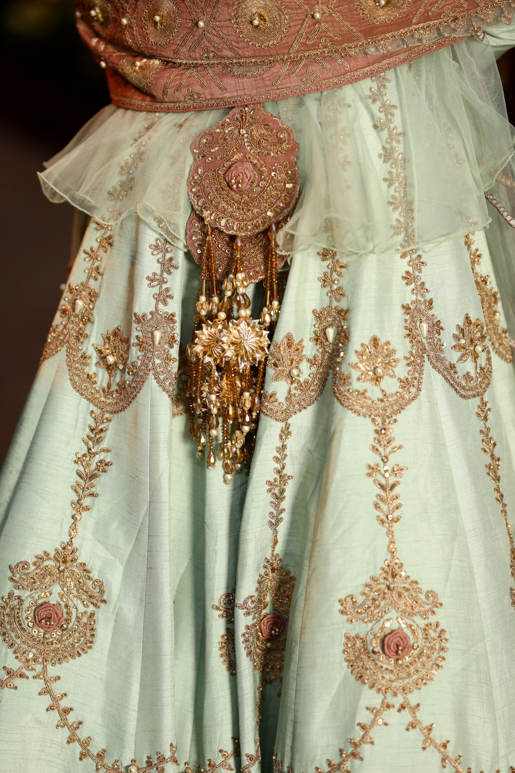 Celestial Mist – Mint & Rose Gold Embellished Lehenga Set in Organza and Silk view 5