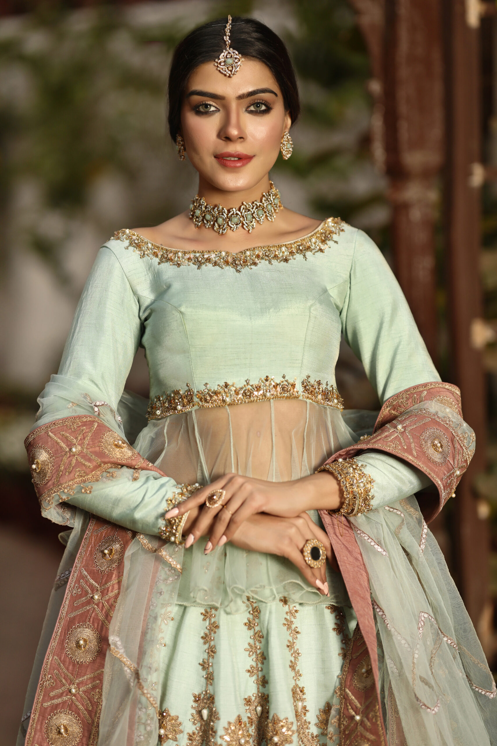 Celestial Mist – Mint & Rose Gold Embellished Lehenga Set in Organza and Silk view 4
