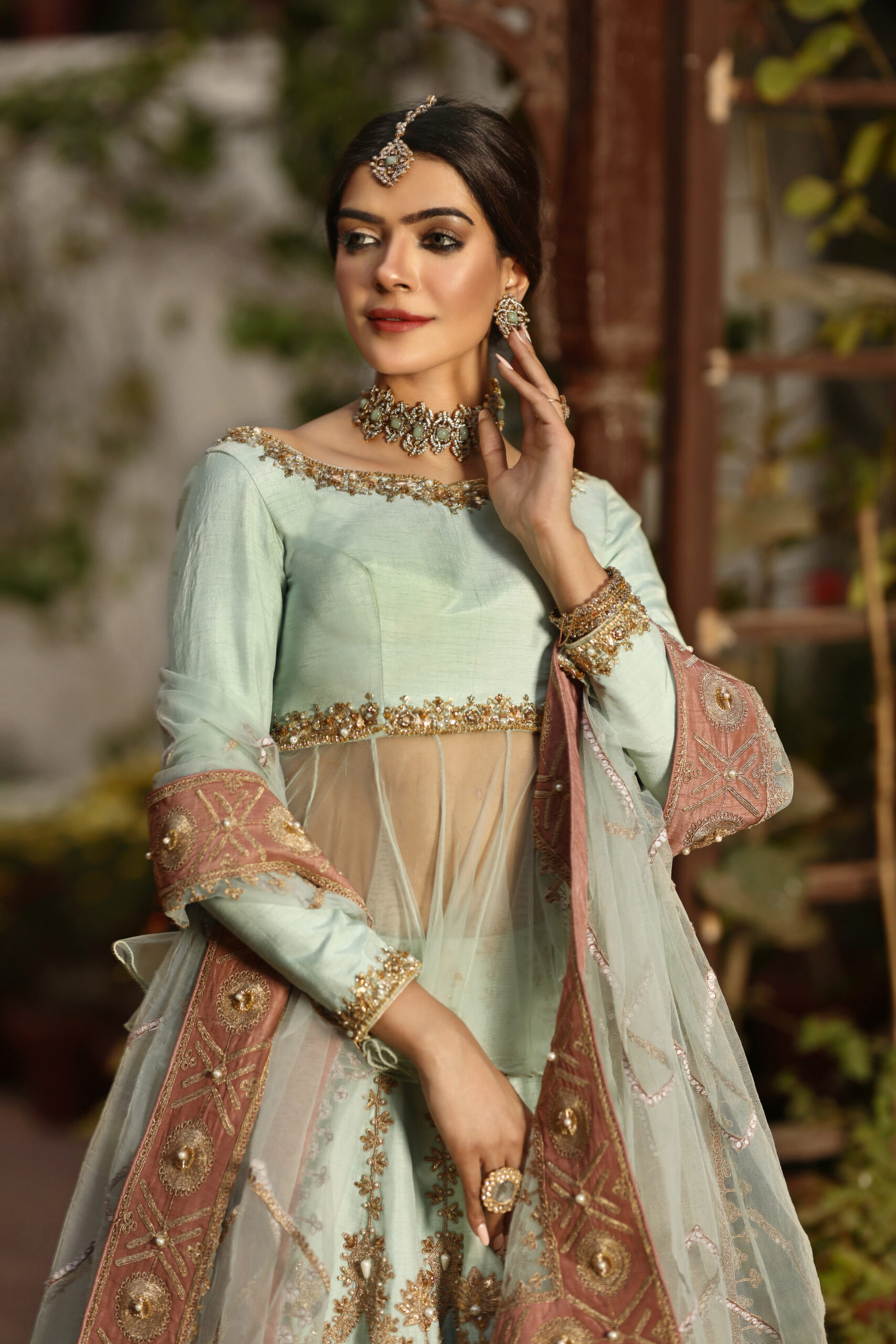 Celestial Mist – Mint & Rose Gold Embellished Lehenga Set in Organza and Silk view 3