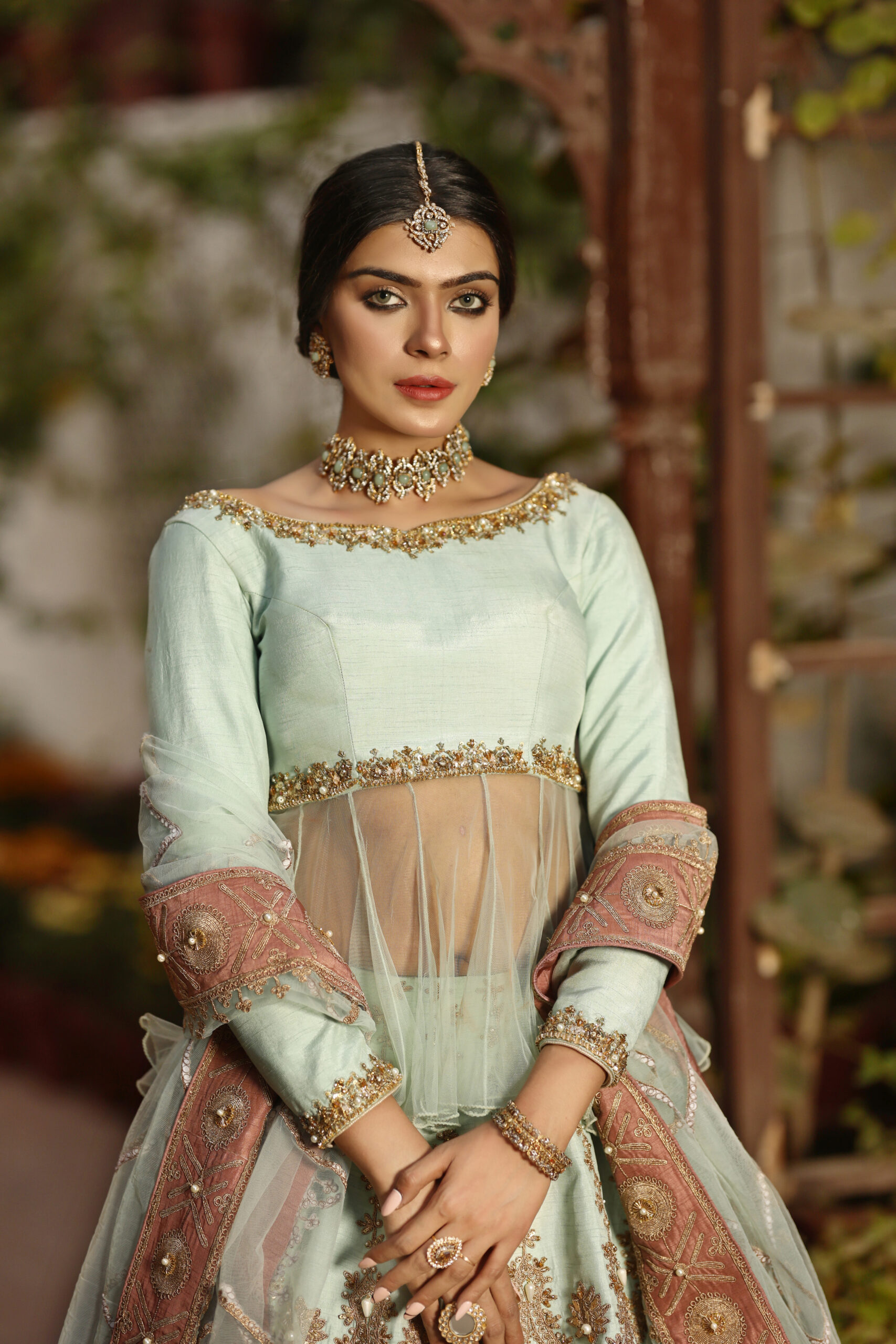 Celestial Mist – Mint & Rose Gold Embellished Lehenga Set in Organza and Silk view 2