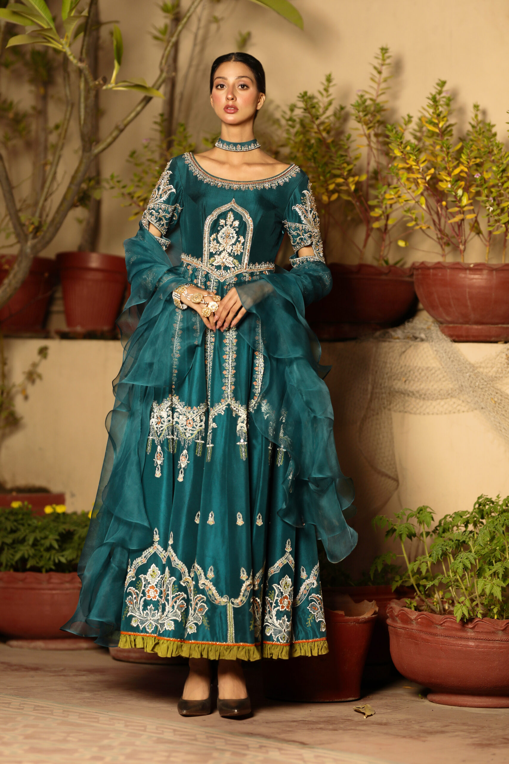 Zinc blue raw silk kalidaar, hand-crafted embroidery
