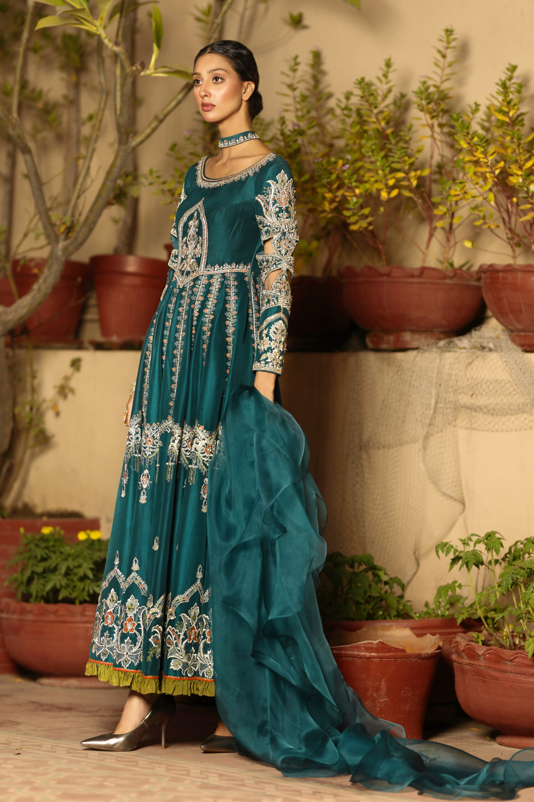 Zinc blue raw silk kalidaar, hand-crafted embroidery view 2