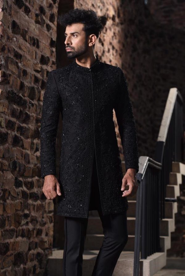 Black Raw Silk Sherwani